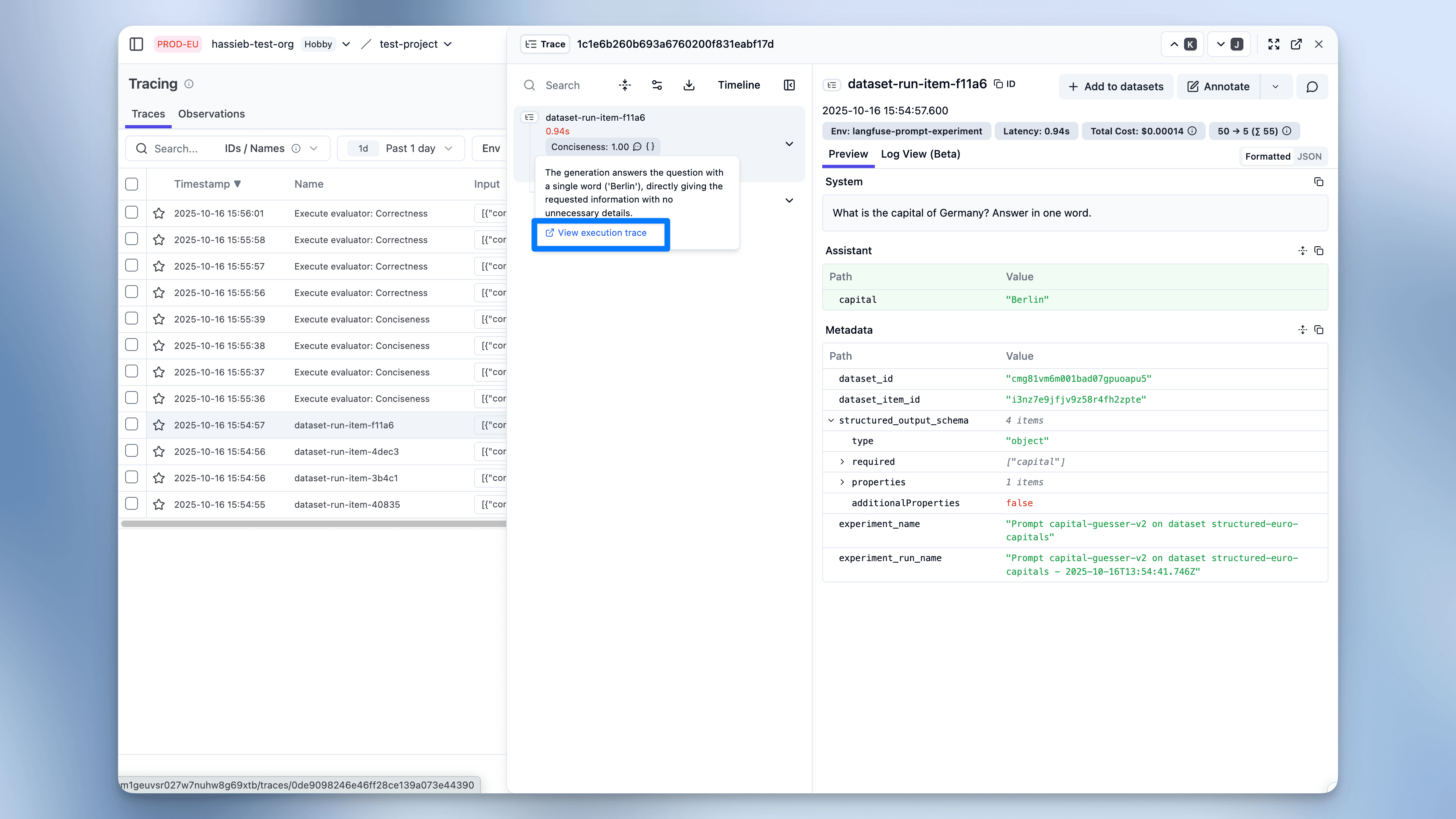 Score tooltip with execution trace link